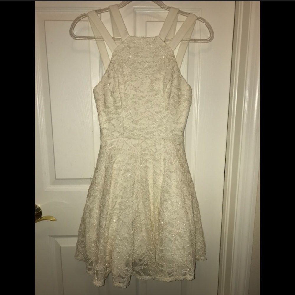 Cream halter dress w/ gold sparkles & floral lace